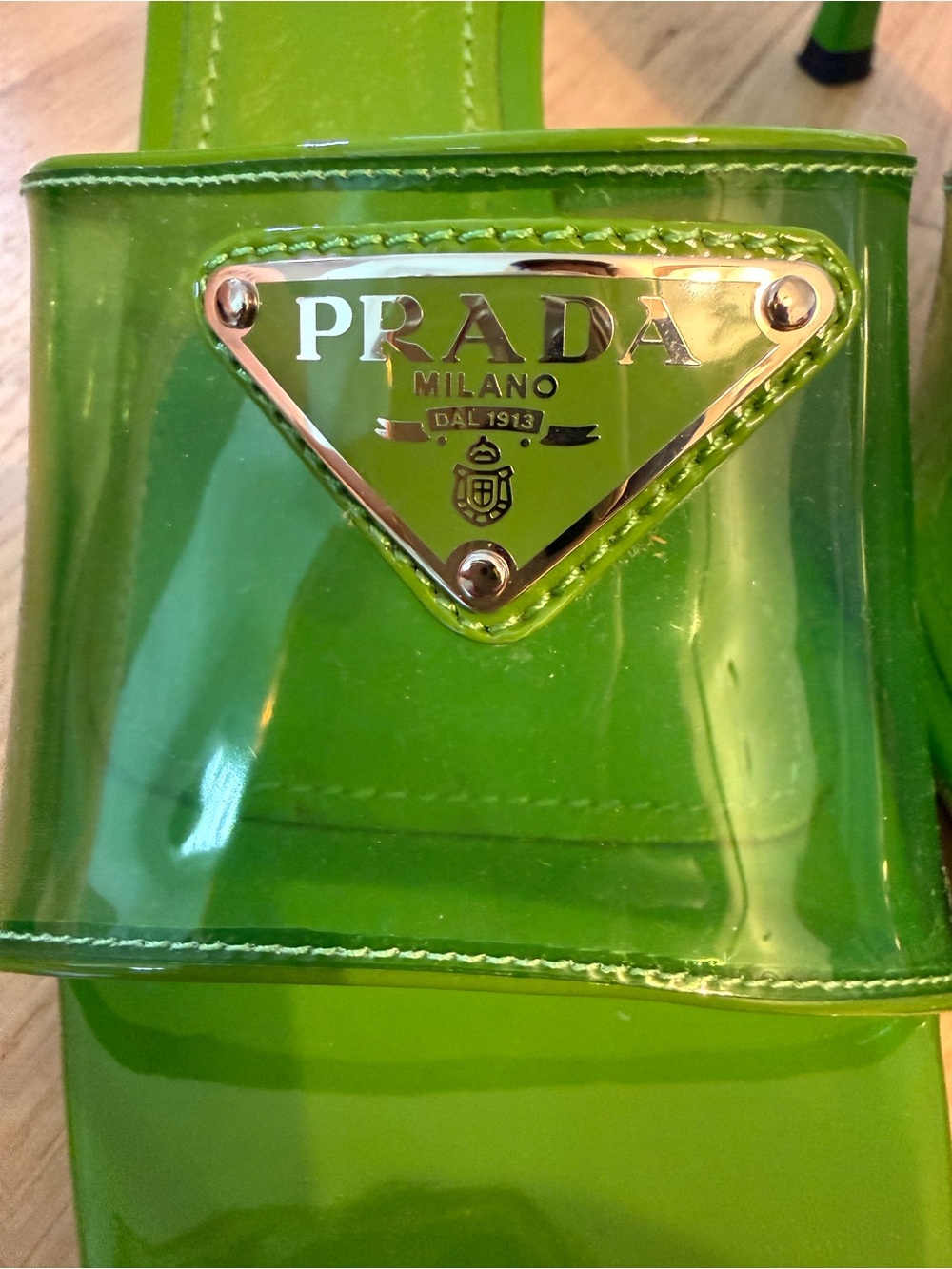 Prada Neon Green Patent PVC Triangle Logo Slides Size 37.5 Fits US 7.5 w/ Box - Picture 3 of 10